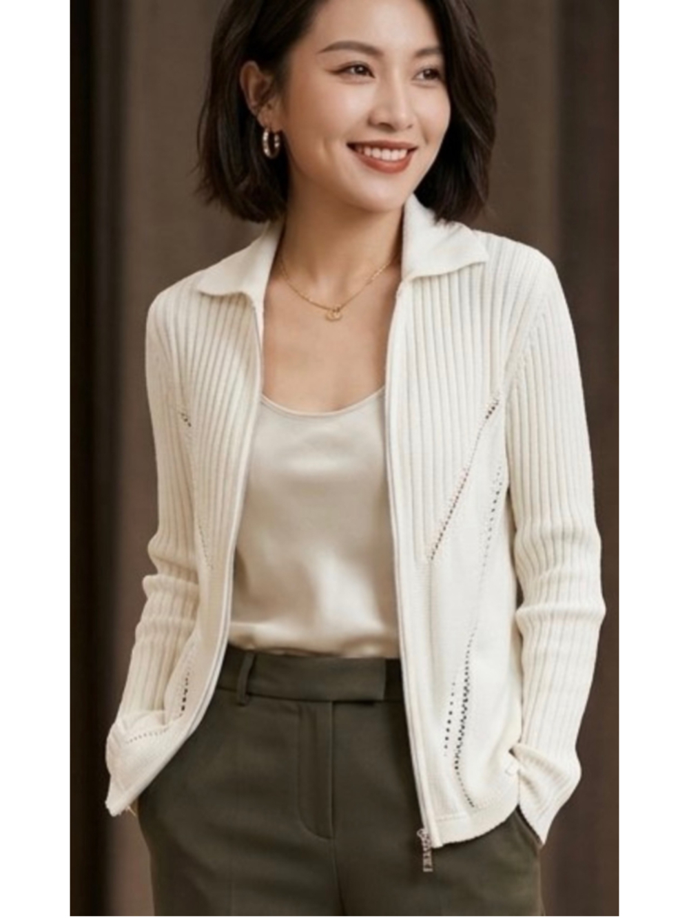 Blue Willis Cotton Cream Knit Zip Up Cardigan Sweater woman’s Pointelle L 2082
